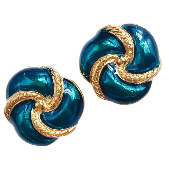 Vintage Signed Earrings Trifari Peacock Blue Enamel Gold Tone Knot Stud Posts - Picture 1 of 10